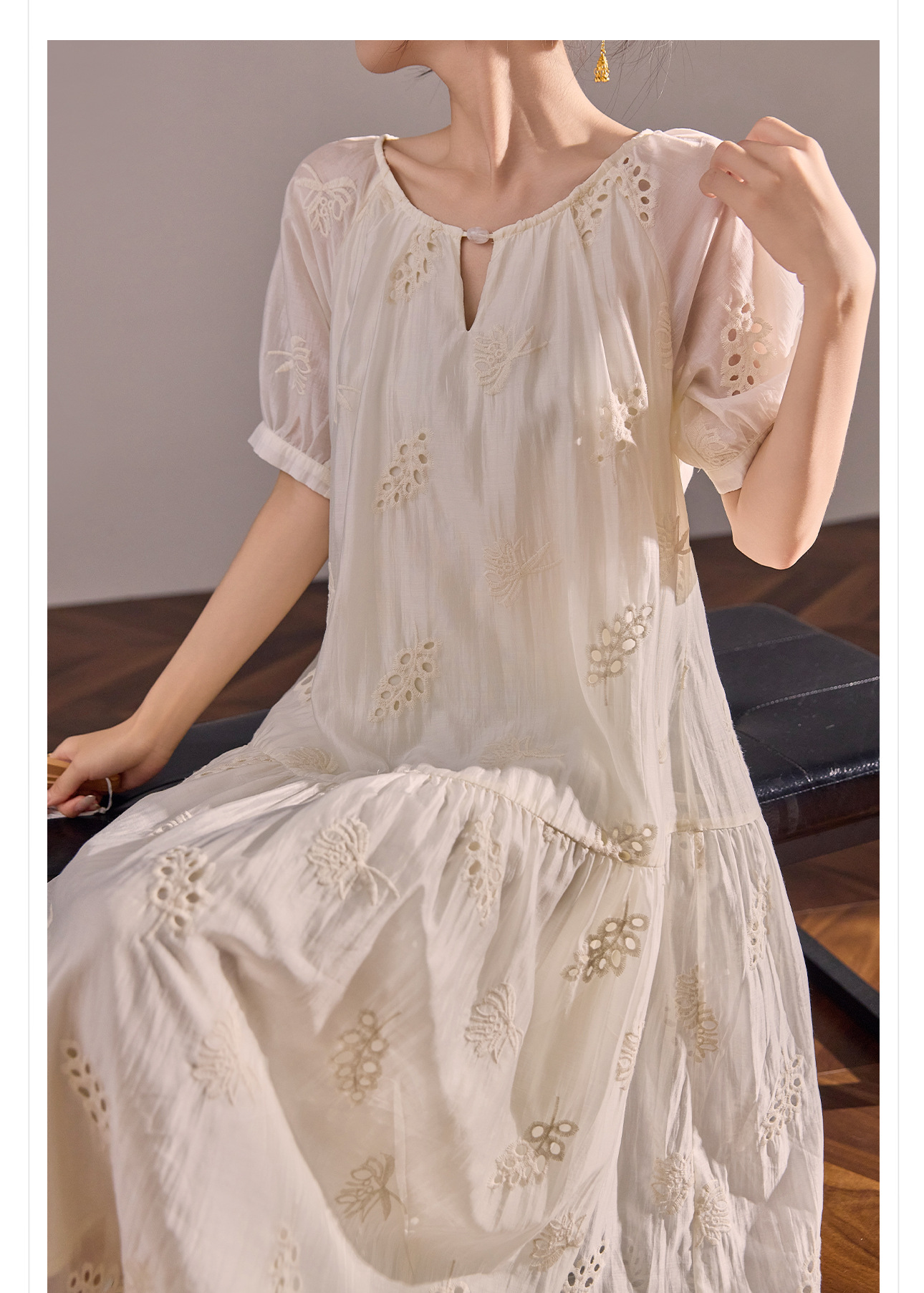 Váy maxi dáng rộng phong cách Trung Hoa mới cao cấp mùa hè chất Tencel cho người dáng nhỏ — Màu trắng nhạt chi tiết 3