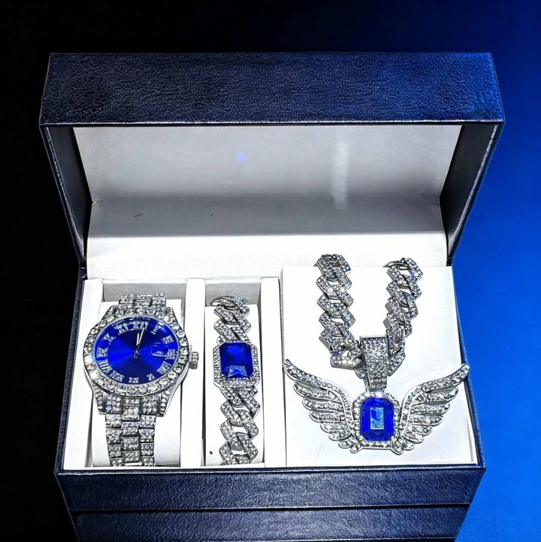 Aleación nuevo reloj de hombre de diamante de agua de 15mm collar pulsera con alas de ángel conjunto de colgante de gemas