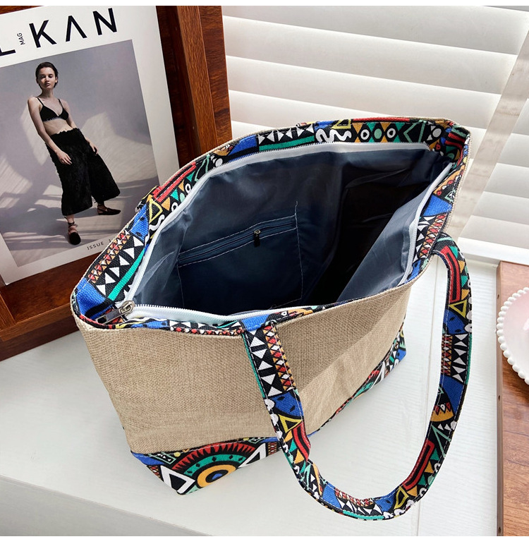472g Weight Polyester Lining Material Zipper Closure Type Double Shoulder Straps Strap Type Tote Bag Bags Type Street Occasion cotton and linen Material Geometric Pattern All Seasons Season Women's Gender Ethnic Style Style Large Size Women's Large Cotton And Linen Geometric Ethnic Style Zipper Tote Bag 2