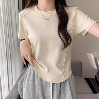 圆领短袖正肩显瘦鱼骨小衫夏季2024新款不规则内搭打底t恤女上衣