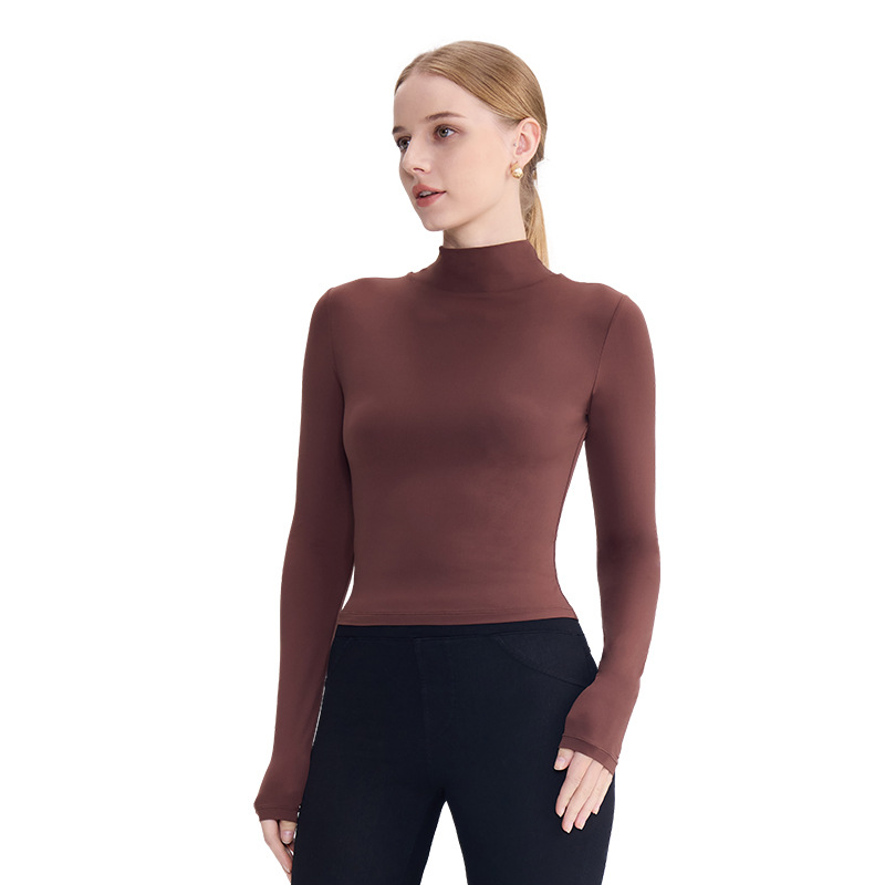 2025 otoño y invierno nuevo tipo de ropa de yoga para mujeres elástica suave de doble capa caliente de manga larga delgada camisa de base de cuello alto nube suave