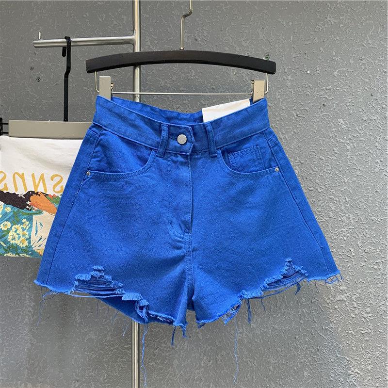 2022 New Candy Green Hong Kong style retro high waist slimming small wide leg pants ripped frayed edge Denim shorts