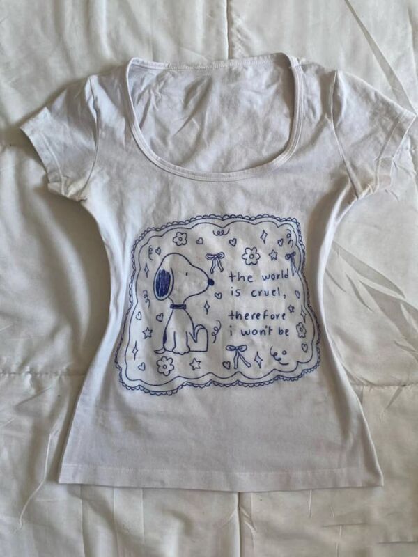 40-Count Imitation Cotton American Cartoon Letter Printed Short-Sleeved T-Shirt Women's Summer Design Niche Vintage Top Ins