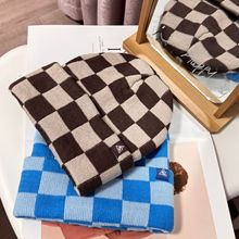 男女同款户外徒步撞色显眼保暖欧美时尚提花卷边街头针织帽格子