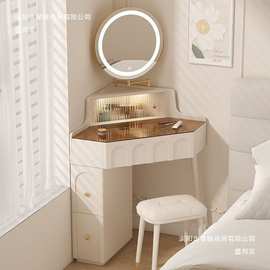 实木小户型拐角梳妆台卧室家用墙角化妆桌带化妆镜转角床头柜一体