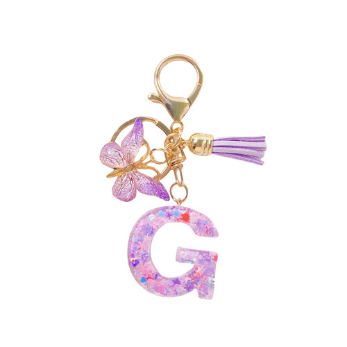 Fashion Purple Letter Keychain with Heart Glitter Butterfly Tassel Crystal Droplet Resin Pendant Accessory for Women