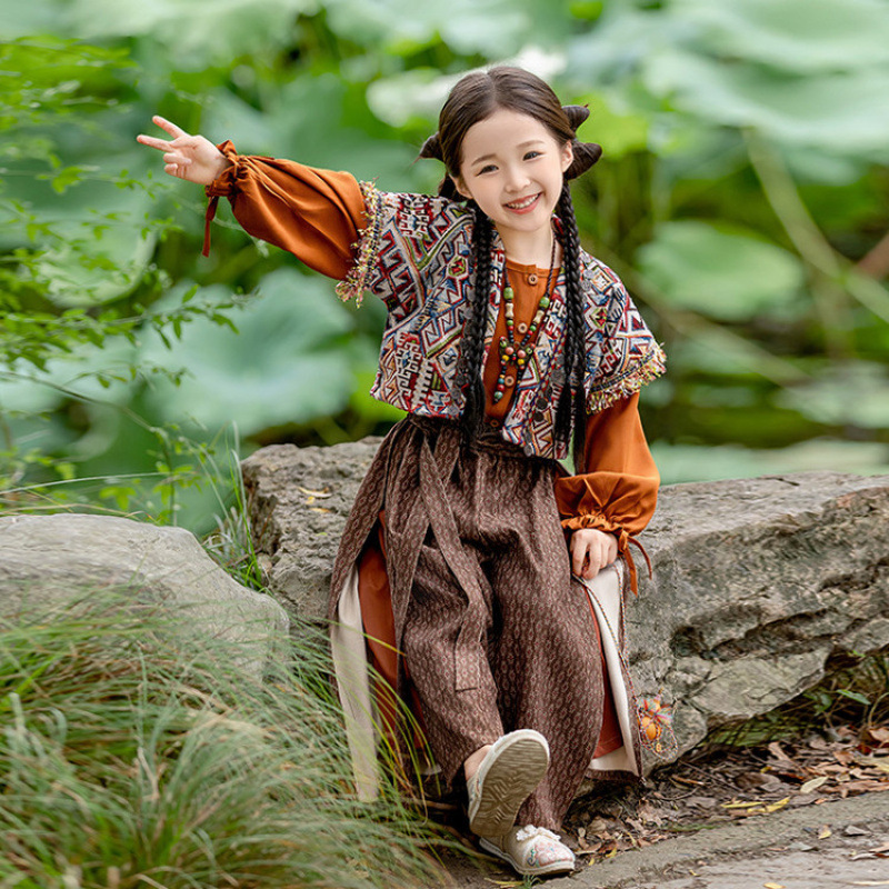 Girls Han Dynasty 2024 Autumn Ancient Style Retro Ethnic Style Spring & Fall Printed Long-Sleeved Chinese Style Exotic Style Three-Piece Set Girls Han Dynasty 2024 Autumn Ancient Style Retro Ethnic Style Spring & Fall Printed Long-Sleeved Chinese Style Exotic Style Three-Piece Set