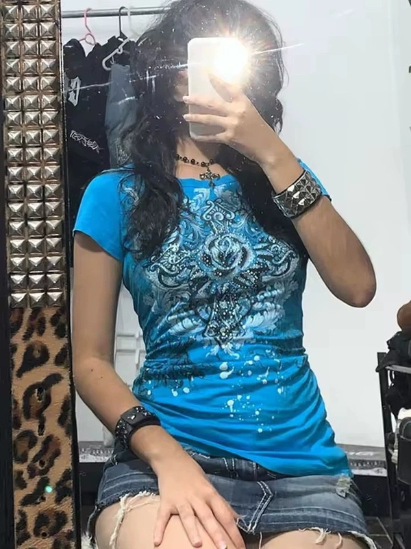 アメリカの新しいスタイル 2025 パーソナライズされた Y2K スリム半袖プリントトップ tシャツホットガールファッション婦人服|undefined