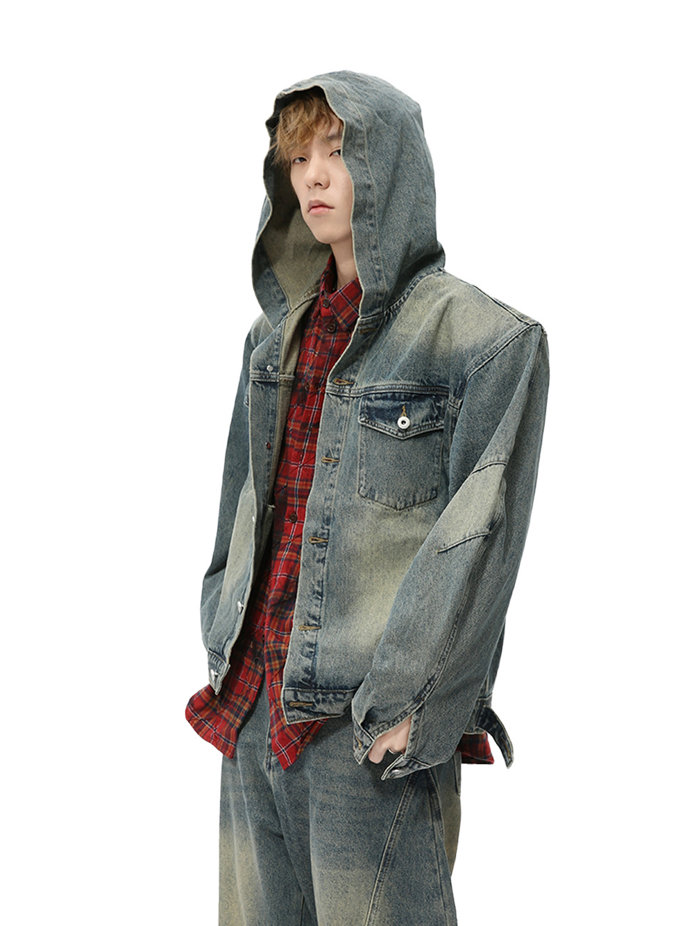 MTLCLOTHES Hombres| Otoño coreano retro hacer viejos chaquetas encapuchadas machetes pantalones lavados con agua conjunto de vaqueros