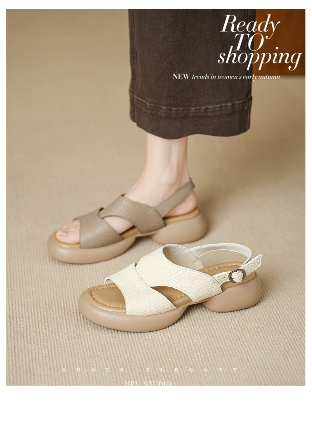 Sandal nữ hở mũi gót vuông đế dày quai ngang — Xám voi chi tiết 3