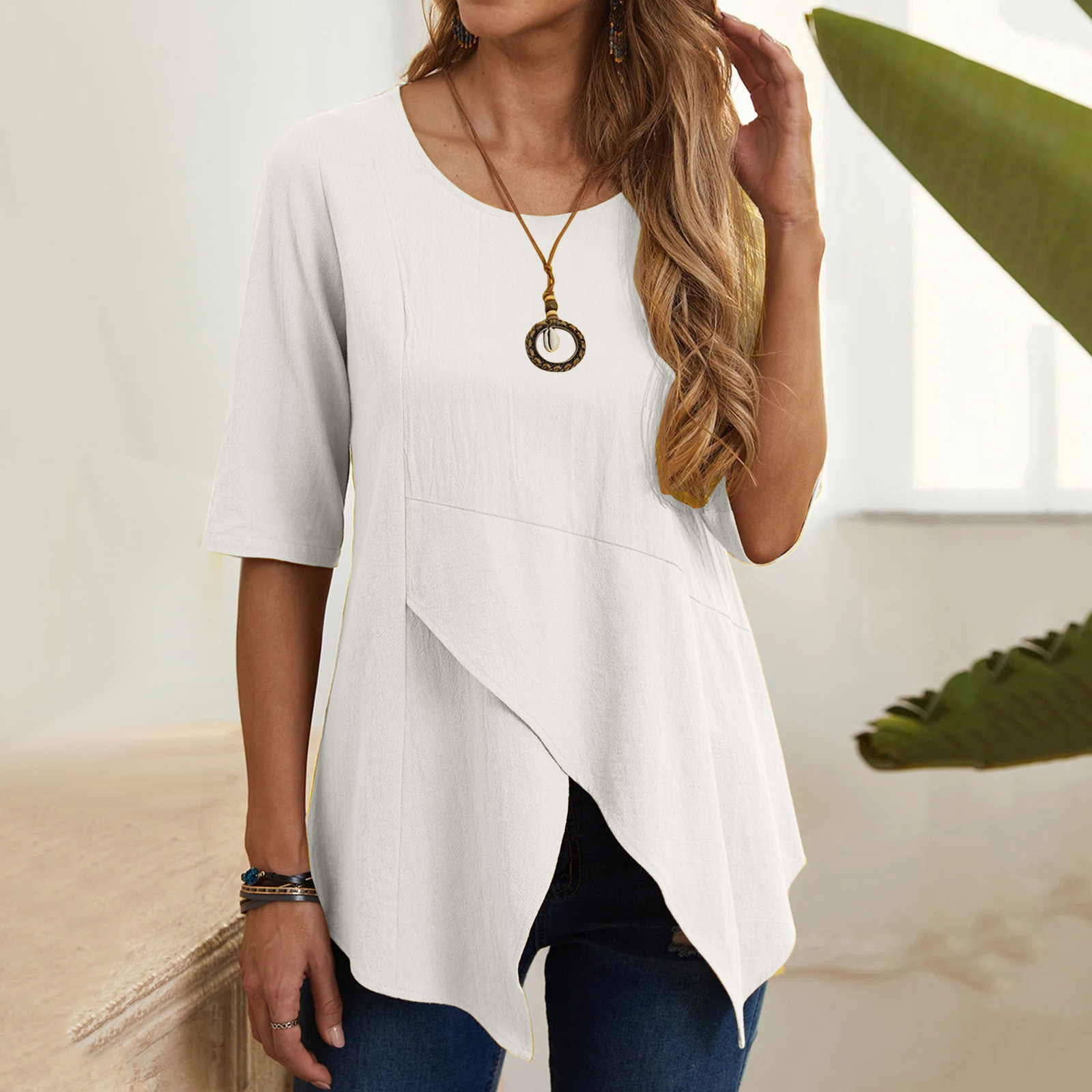 21002 # Amazon WISH Jersey irregular de las mujeres europeas y americanas de cuello redondo slim fit media manga de algodón y lino camiseta superior