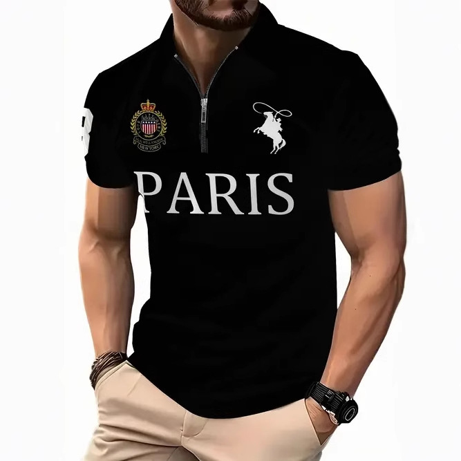2025 nuevo estilo europeo y americano transfronterizo Amazon casual todo-fósforo patrón de bandera de manga corta cremallera camisa POLO MB13