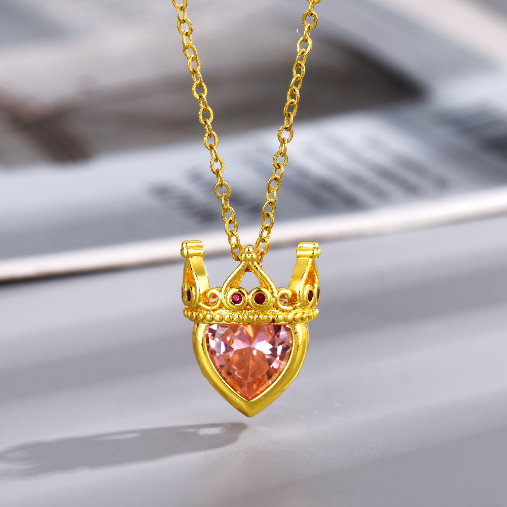 Wholesale Jewelry Vacation Classic Style Heart Shape Crown Copper Zircon Inlay Pendant Necklace Cable Chain display picture 1