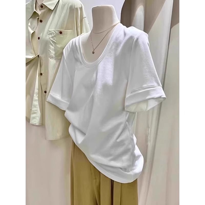 Pure Cotton T-shirt Women's Short-sleeved Shoulder Pad Curl Simple Fashionable Loose Korean Style 2025 Summer New Design Sense U-neck Top