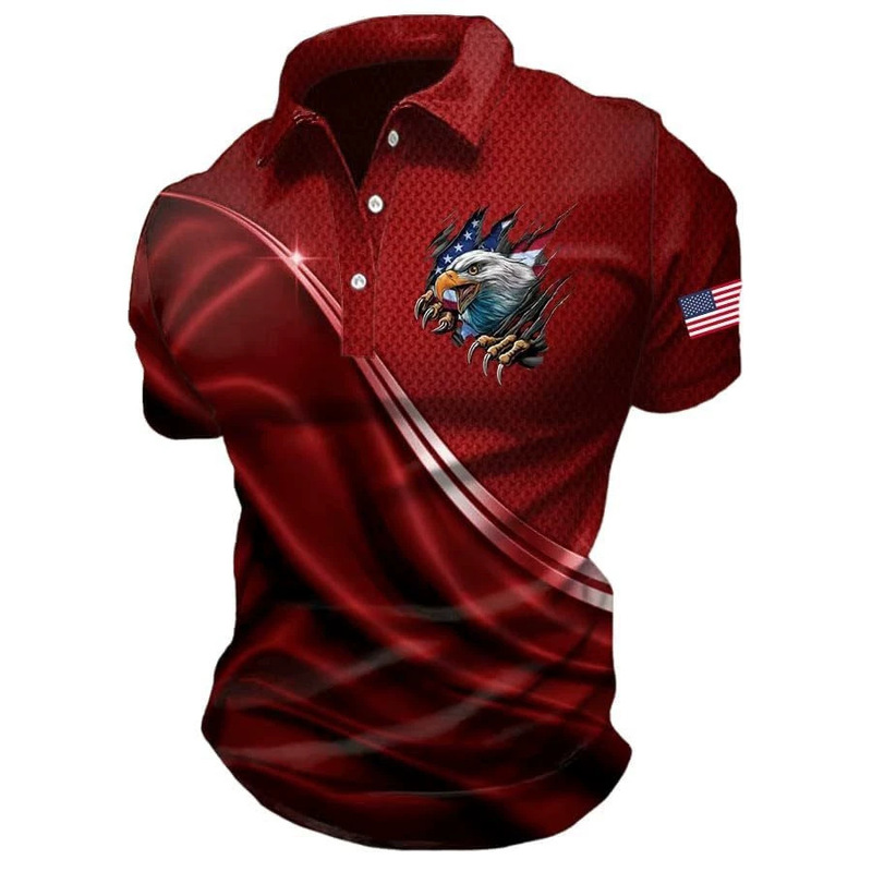 2026 Cross-Border Amazon Independent Site European and American New Style Short-Sleeved Eagle American Flag Printed Polo Shirt Men's Top