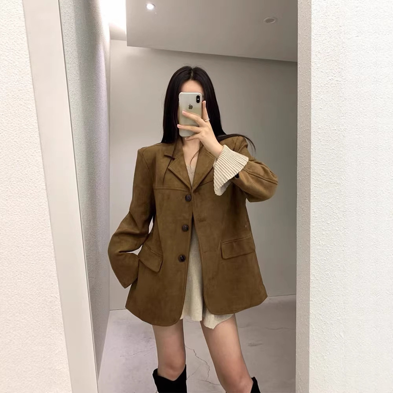 Korean Dongdaemun Women's New Niche Retro American-Style Coffee-Colored Suede Blazer Trench Coat Casual Jacket