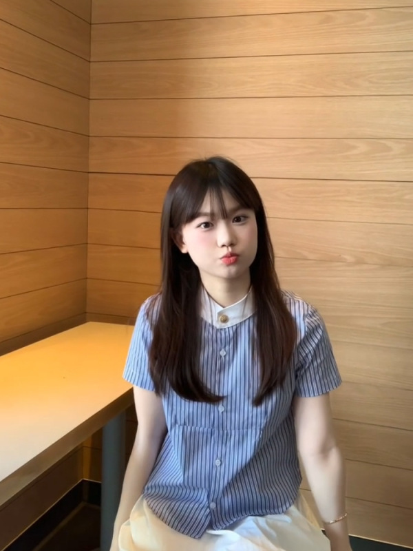 韩系学院风刺绣蓝色条纹短袖衬衫女夏季百搭显瘦小众设计衬衣上衣|undefined