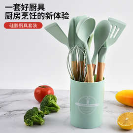 现货木柄硅胶厨具套装锅铲套装12件套硅胶耐高温不粘锅烹饪铲勺子