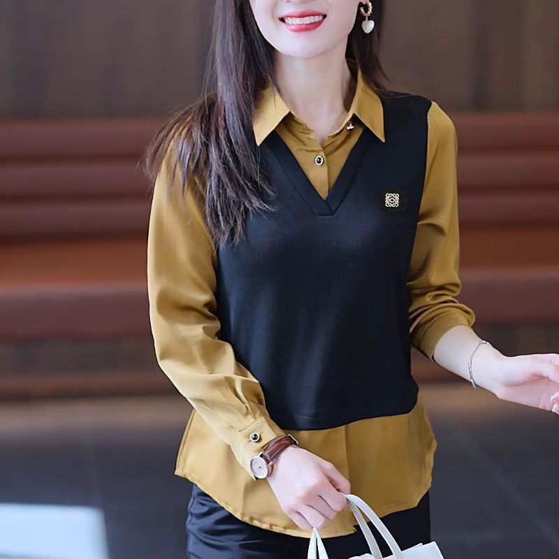 万能大きいサイズシャツレディース秋服2025新作今年人気おしゃれで美しいフェイクツーピーストップス|undefined