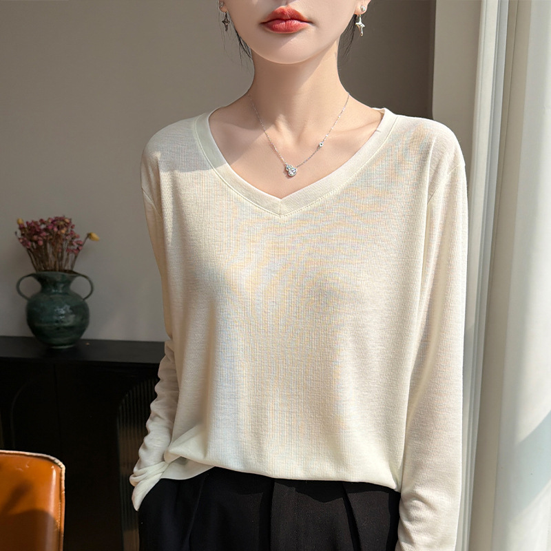2026 Spring/Summer Thin V-Neck Long Sleeve T-Shirt for Women, Solid Color Loose Slimming Knitted Base Shirt T-Shirt Top Wholesale