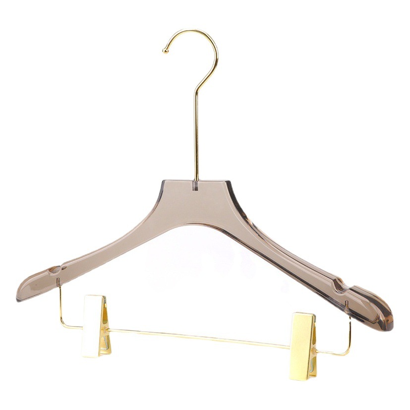 Tienda de ropa especial traje de percha de mujer acrílico ahumado gris transparente plástico integrado percha logotipo al por mayor