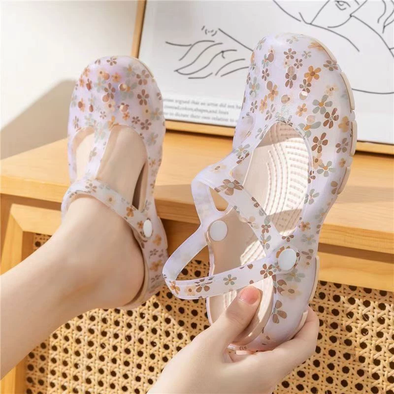 Новая модель с принтом желе пляжные кроссовки сандалии женские туфли для сада толстые подошвы плоские подошвы медсестры Баотоу женские сандалии