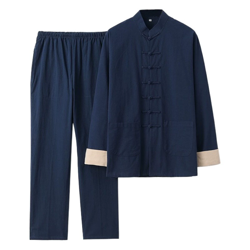 Мужской комплект в китайском стиле из хлопка и льна для весны и осени: традиционный костюм Тан с длинными рукавами, ретро-вышивка, одежда в стиле Дзен, наряд для мирянина, традиционное мастерство, оптом