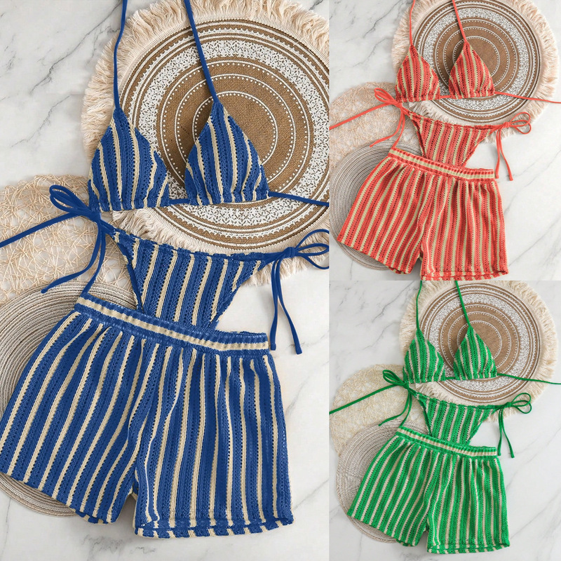 Cross-Border Knitted Mesh Striped Split Boxer Swimsuit Female Sexy Woven Bohemian Bikini Three-Piece Set