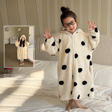 艾摩贝贝儿童卡通可爱保暖圆点睡衣双面雪粒珊瑚绒连帽睡袍家居服