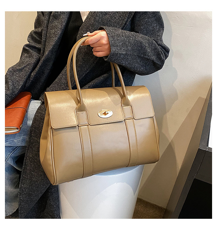 Pu Leather Material Women's Large Pu Leather Solid Color Elegant Vintage Style Square Lock Clasp Tote Bag