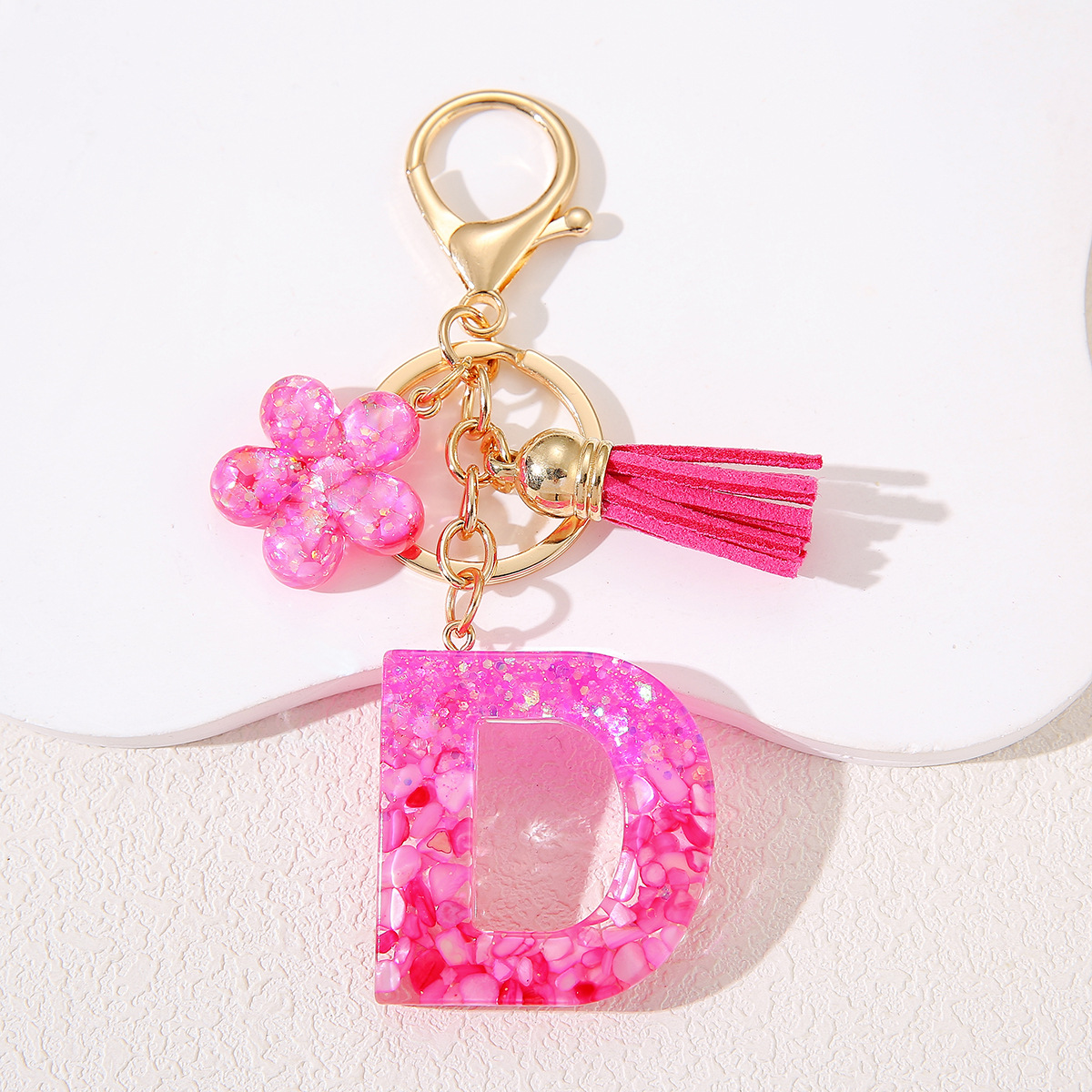 Personalizada nueva letra rosa llavero de resina piedra letra flor colgante llavero accesorios bolsos de mujer
