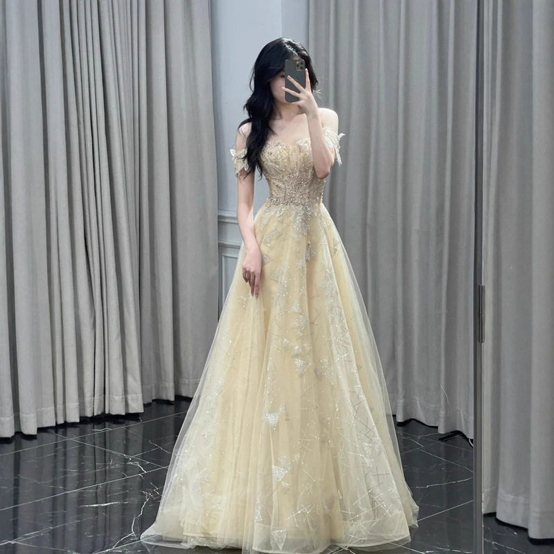 One-Shoulder Evening Dress 2026 New Model Adult Ceremony Annual Meeting Host Dress Vocal Performance High-End Performance Outfit for Women