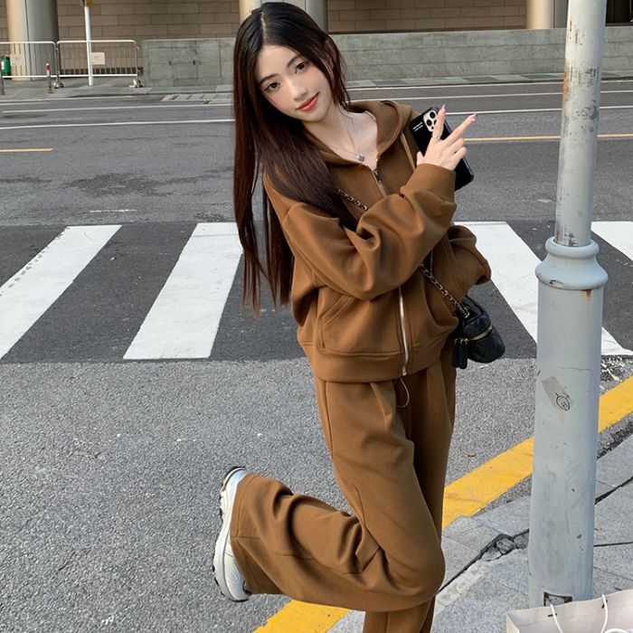 韩版跨境大码运动休闲风咖色套装女春秋季连帽卫衣阔腿裤两件套潮|undefined
