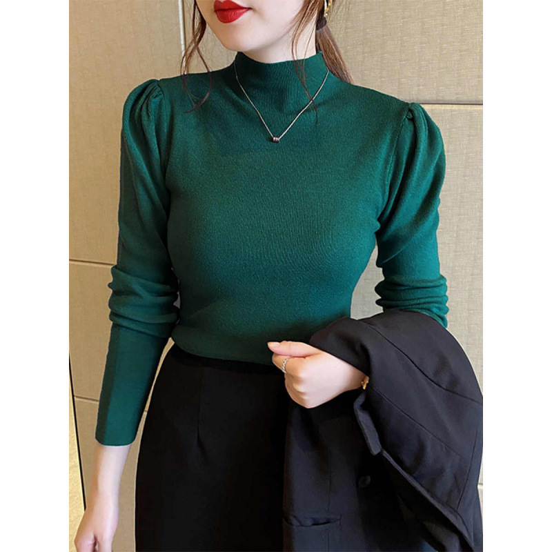Half Turtleneck Sweater Bottoming Shirt for Women, High-End New Style Puff Sleeve Top, Long Sleeves and Sweater Inside
