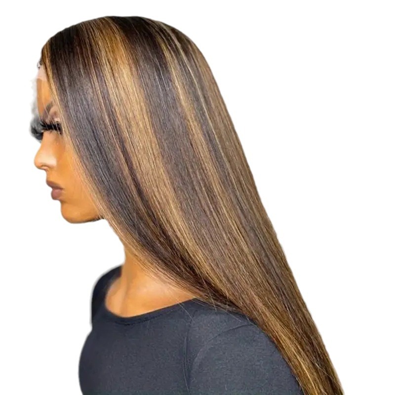 Parrucca alla moda, nuovo stile, colore pianoforte, con mèches, riga centrale, capelli lunghi e lisci, parrucca completa con dettagli in pizzo, extension in capelli sintetici._voghion.com