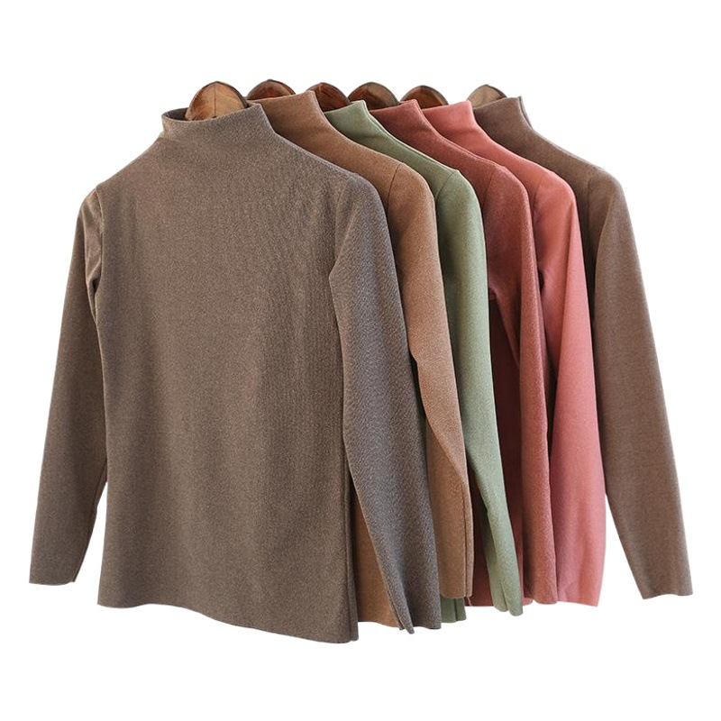 Camisa de fondo catiónico de color sólido Otoño e Invierno medio cuello alto interior estilo coreano de terciopelo cálido Top forrado de lana engrosada camiseta de las mujeres