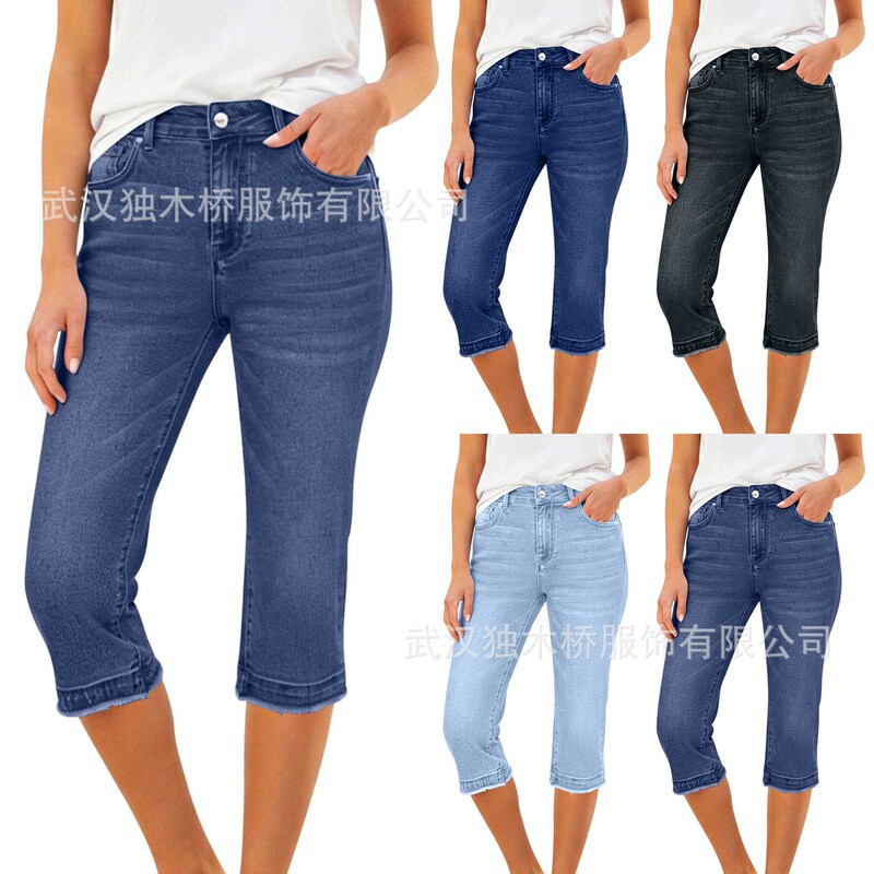 European and American Style Tight-Fitting Stretch Denim Cross-Border Hot-Selling Women's Denim Capri Pants, Stretchy Skinny Jeans, Comfortable and Versatile