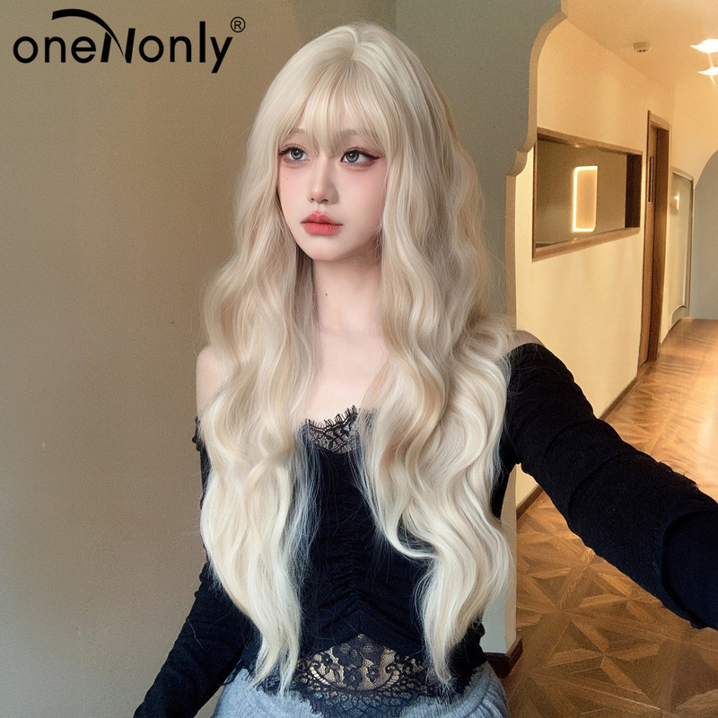 Korean wig women's long curly hair neat bangs big wave simulation natural white gold woven chemical fiber silk realistic wig