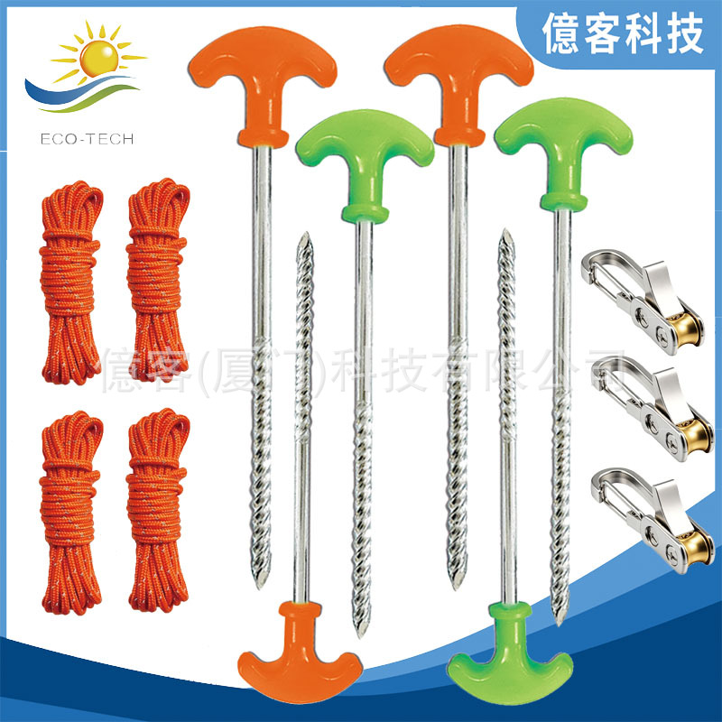 Popular twisted fluorescent T-shaped ground stakes with reflective windproof rope tensioners for hiking, mountain climbing, and camping – direct from the manufacturer
