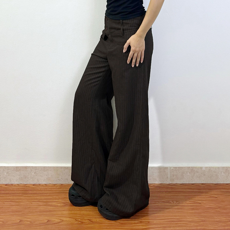 美式休闲简约设计感腰头显瘦宽松条纹直筒裤女初冬百搭垂感拖地裤|undefined