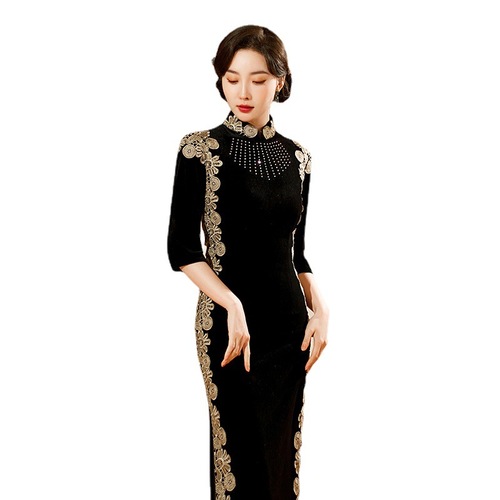 Old Shang hai Retro Chinese Dresses for women oriental Qipao Vintage embroidered mid-length black Chinese style young dress