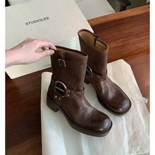 牛皮葡萄妈同款真皮复古金属扣粗跟西部短靴女朋克骑士靴子机车靴