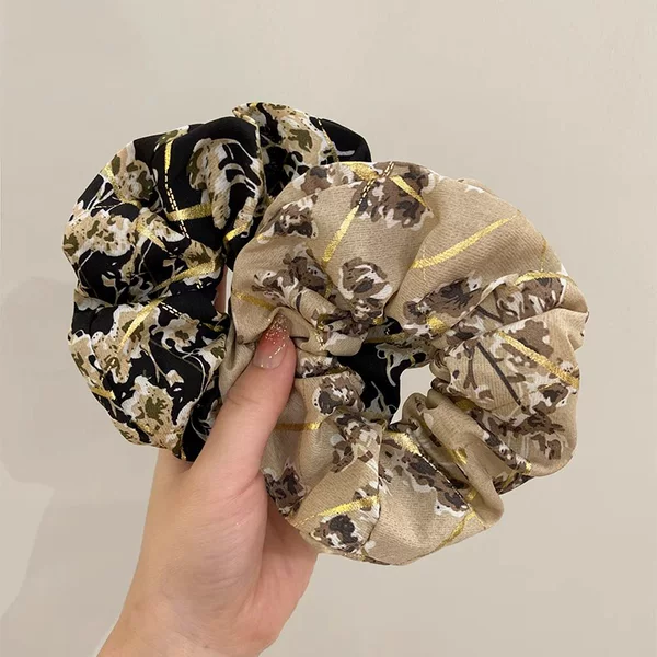 High-End Gold-Stamped Floral Scrunchie Satin Bun Hair Tie Vintage Large Simple Ponytail Hair Rope