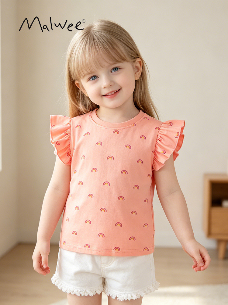 Malwee transfronterizo verano nueva ropa infantil mangas cortas sueltas estilo transpirable encantador impresión de niñas camisas diarias