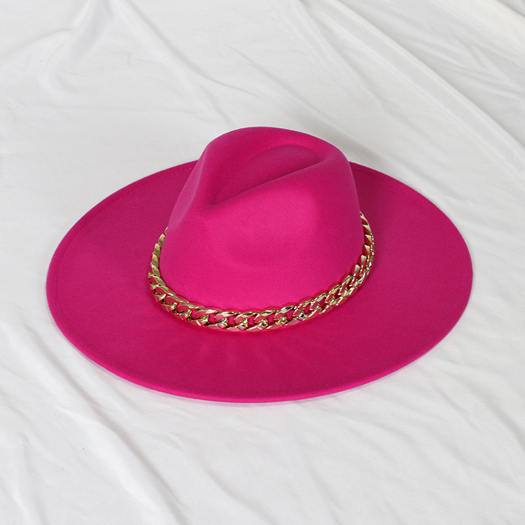 Sombrero de jazz con cadena dorada, sombrero francés vintage de ala ancha en forma de corazón para mujer, sombrero de fieltro oversize.