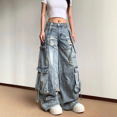 美式复古街头风重工hiphop牛仔裤做旧磨破宽松大口袋工装阔腿长裤