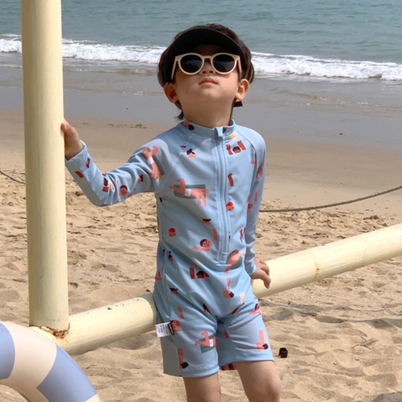 New Korean Children's Swimwear Boys and Girls Cartoon Swimwear Long Sleeve Sun-proof Quick-drying Beach Holiday Swimwear