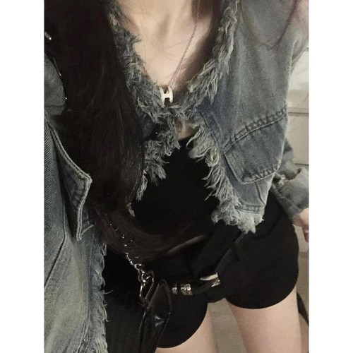 American-style fashion brand short denim open jacket for women, chic fringe edge design, trendy blouse with design sense