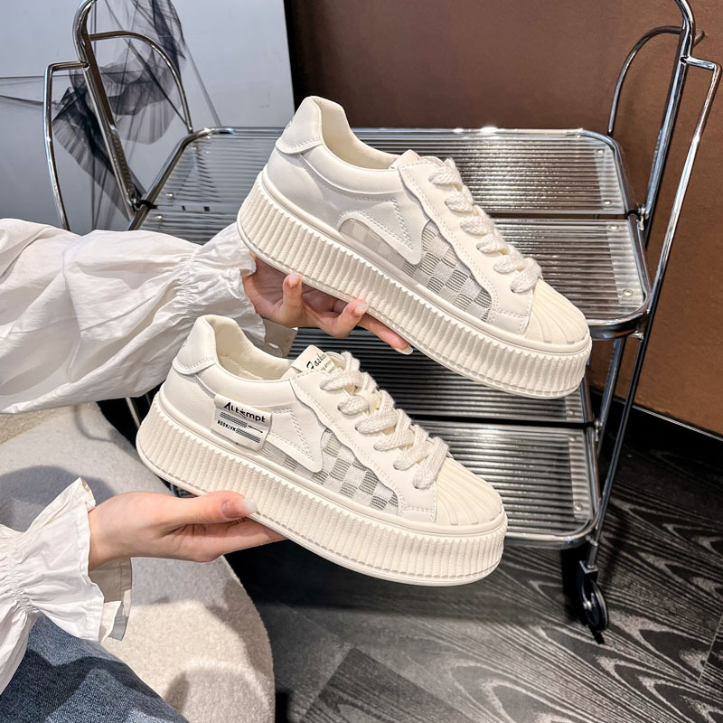 2026 New Women's Shoes Spring Genuine Leather White Shoes Breathable Mesh Thick-Soled Sports Women's Shoes Summer