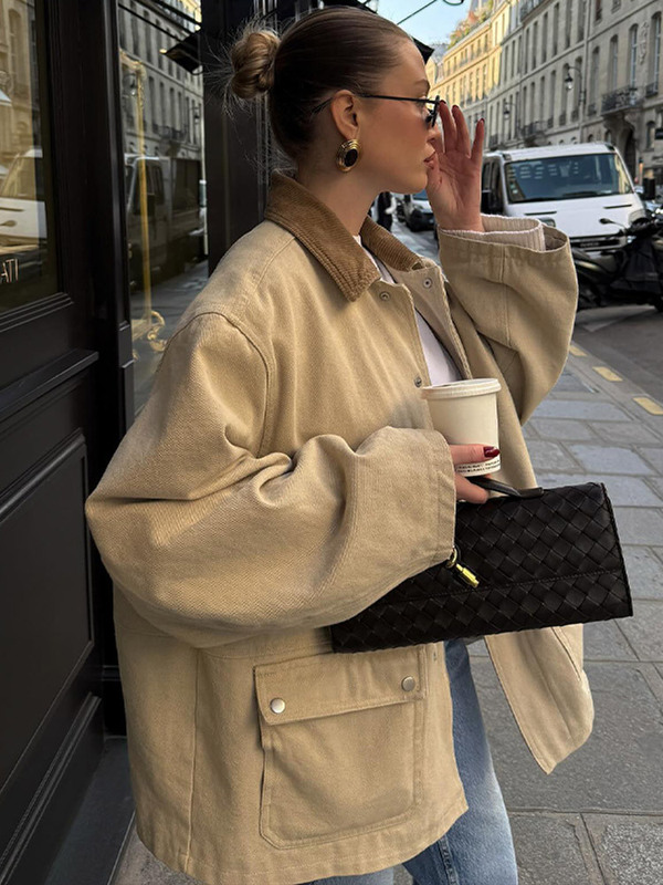 极简风翻领单排扣撞色夹克工装外套女2025新款跨境欧美热卖亚马逊|undefined